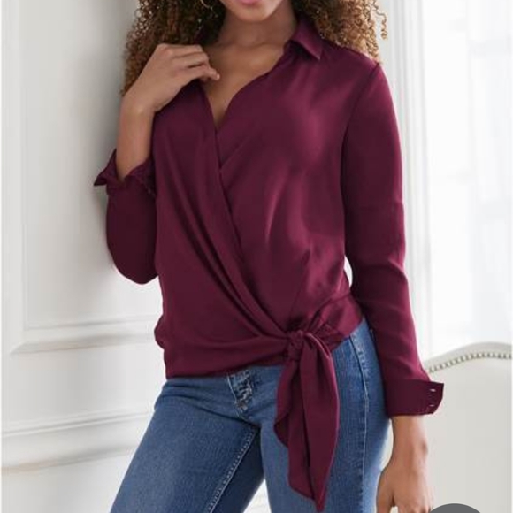 Venus Burgundy Cross Over Blouse wine Crimson Elegant Surplice Side Tie - Picture 13 of 14